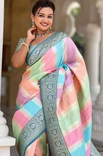 Turquoise elegant art silk woven saree with rich zari border