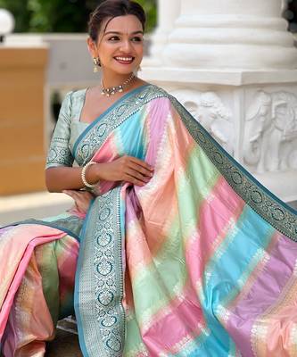 Turquoise elegant art silk woven saree with rich zari border 5