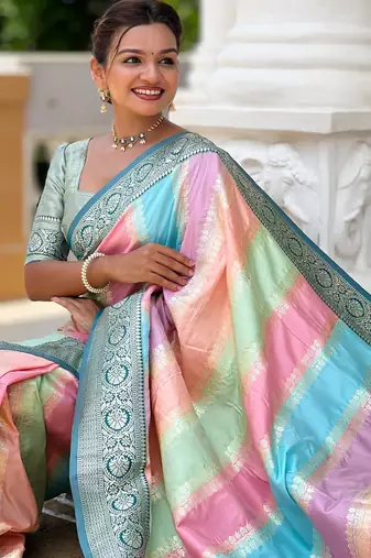 Turquoise elegant art silk woven saree with rich zari border