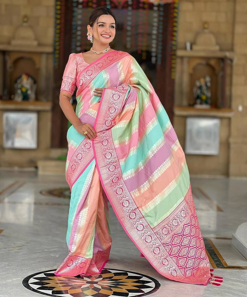 Pink elegant art silk woven saree with rich zari border