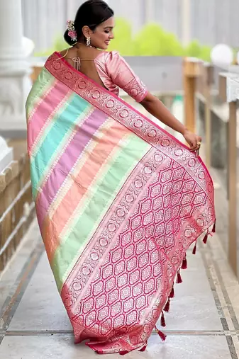 Pink elegant art silk woven saree with rich zari border
