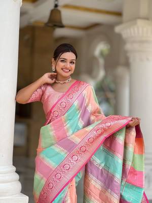 Pink elegant art silk woven saree with rich zari border 3