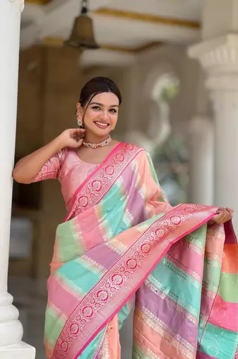 Pink elegant art silk woven saree with rich zari border