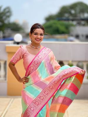 Pink elegant art silk woven saree with rich zari border 4