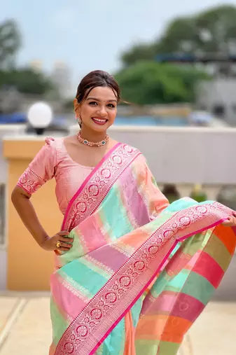 Pink elegant art silk woven saree with rich zari border