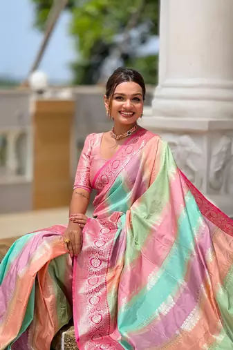 Pink elegant art silk woven saree with rich zari border