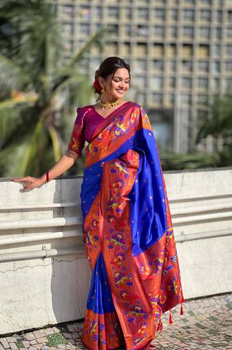 Blue elegant art silk woven saree with rich zari border