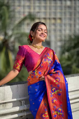 Blue elegant art silk woven saree with rich zari border