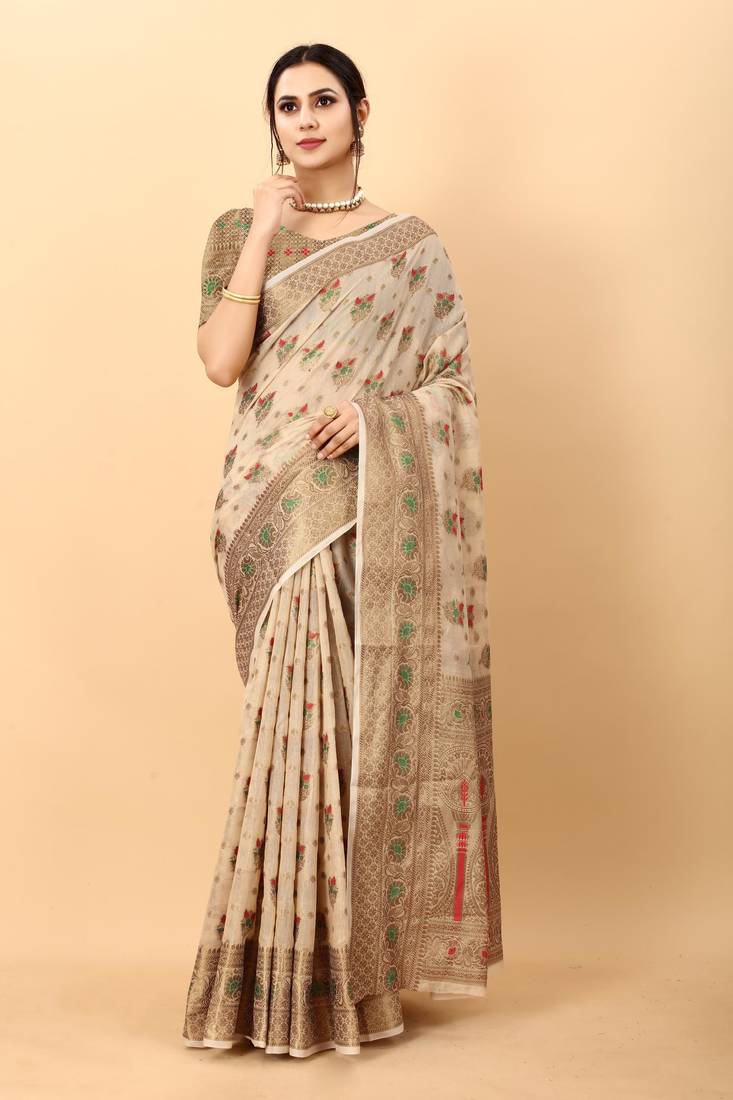 Cream elegant art silk woven saree with rich zari border