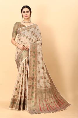 Cream elegant art silk woven saree with rich zari border 2