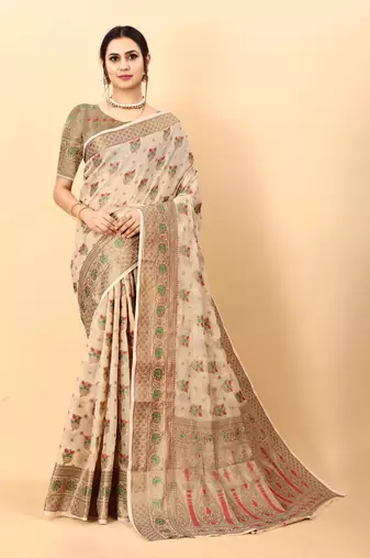 Cream elegant art silk woven saree with rich zari border