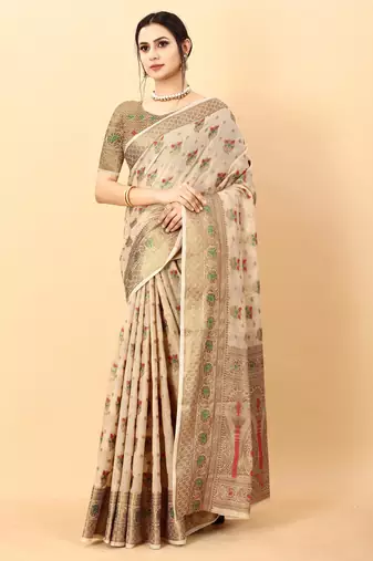 Cream elegant art silk woven saree with rich zari border