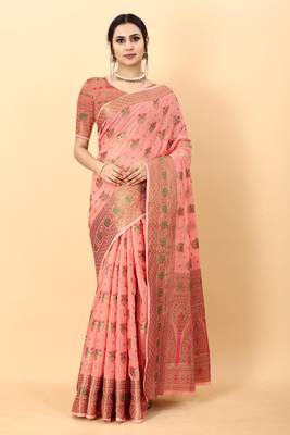 Pink elegant art silk woven saree with rich zari border 1