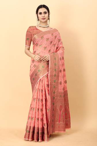 Pink elegant art silk woven saree with rich zari border