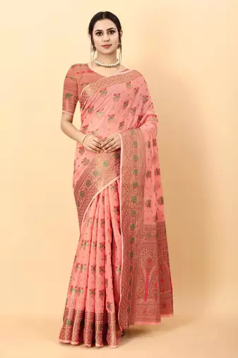 Pink elegant art silk woven saree with rich zari border