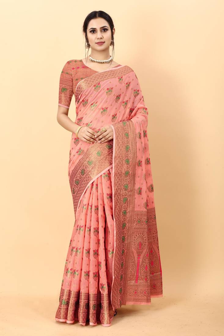 Pink elegant art silk woven saree with rich zari border