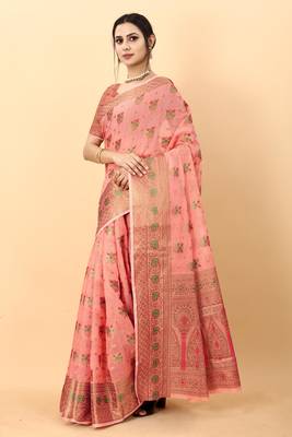 Pink elegant art silk woven saree with rich zari border 2