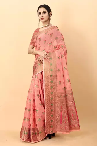 Pink elegant art silk woven saree with rich zari border
