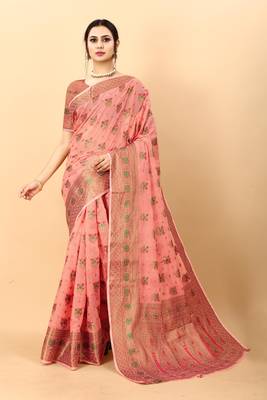 Pink elegant art silk woven saree with rich zari border 4