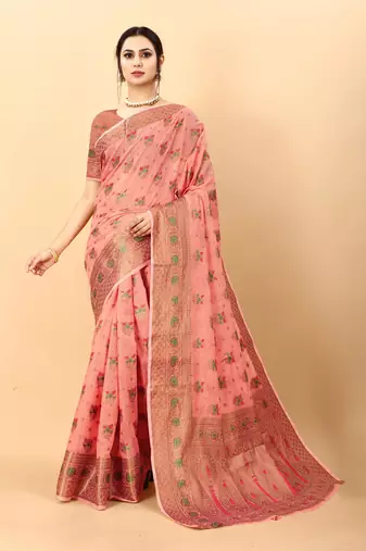 Pink elegant art silk woven saree with rich zari border