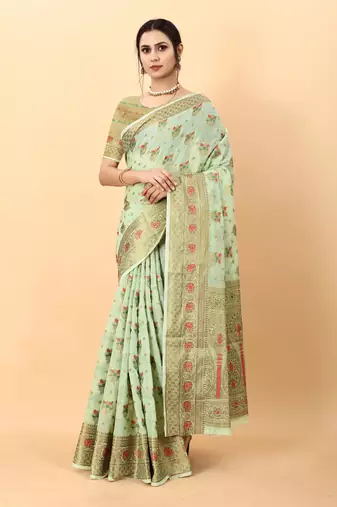 Green elegant art silk woven saree with rich zari border