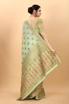 Green elegant art silk woven saree with rich zari border 3