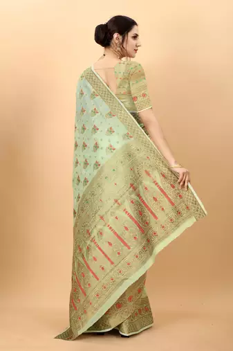 Green elegant art silk woven saree with rich zari border