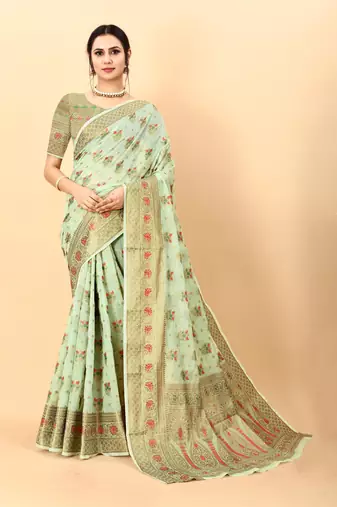 Green elegant art silk woven saree with rich zari border