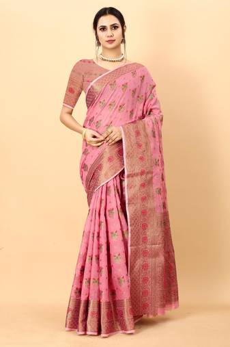 Pink elegant art silk woven saree with rich zari border