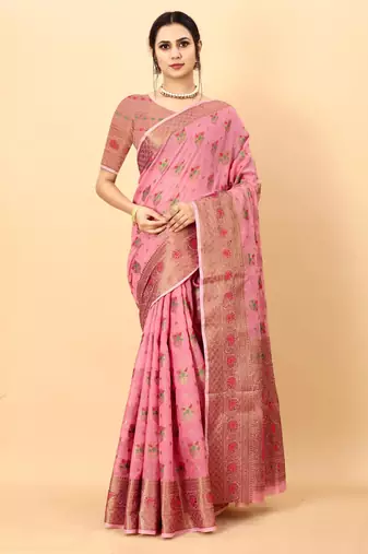 Pink elegant art silk woven saree with rich zari border