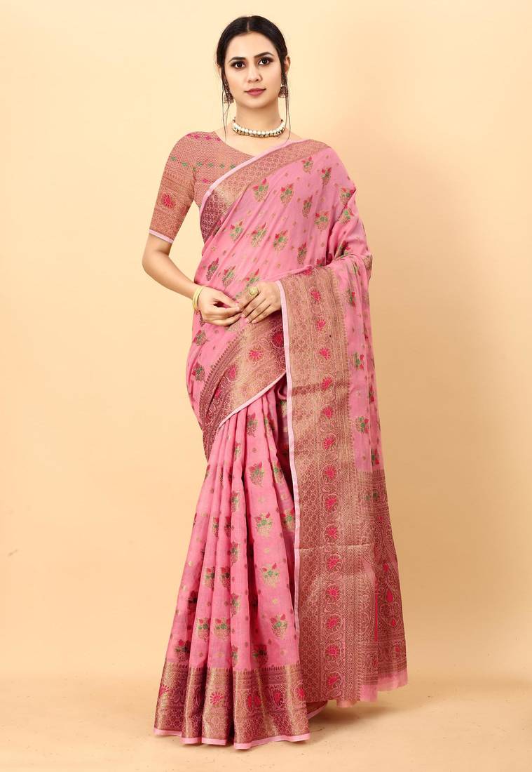Pink elegant art silk woven saree with rich zari border