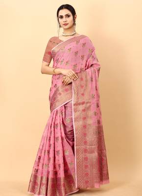 Pink elegant art silk woven saree with rich zari border 2