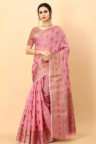 Pink elegant art silk woven saree with rich zari border
