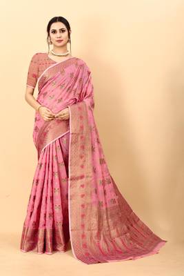 Pink elegant art silk woven saree with rich zari border 4