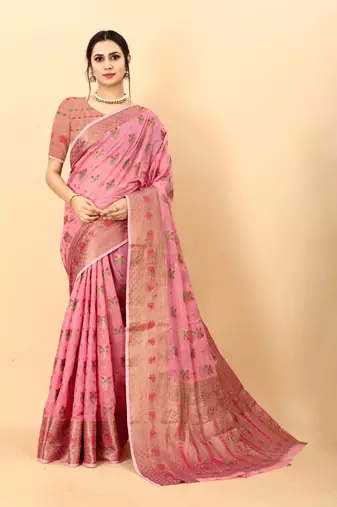 Pink elegant art silk woven saree with rich zari border
