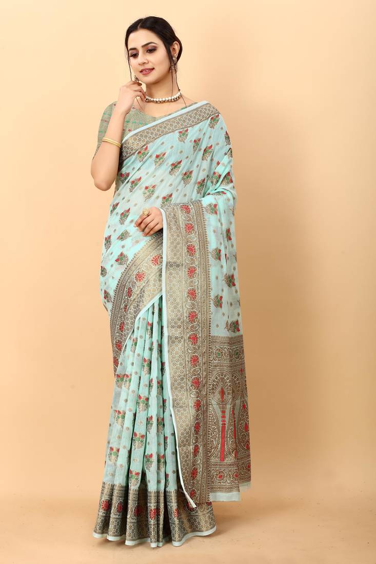 Sky blue elegant art silk woven saree with rich zari border