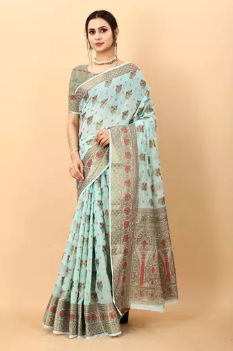 Sky blue elegant art silk woven saree with rich zari border