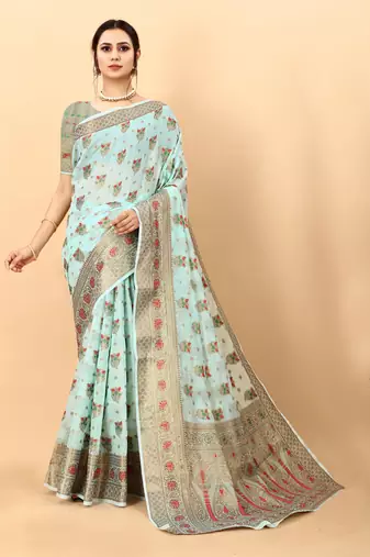 Sky blue elegant art silk woven saree with rich zari border