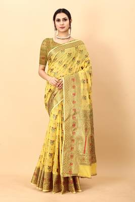 Yellow elegant art silk woven saree with rich zari border 1