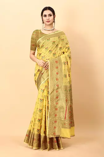 Yellow elegant art silk woven saree with rich zari border
