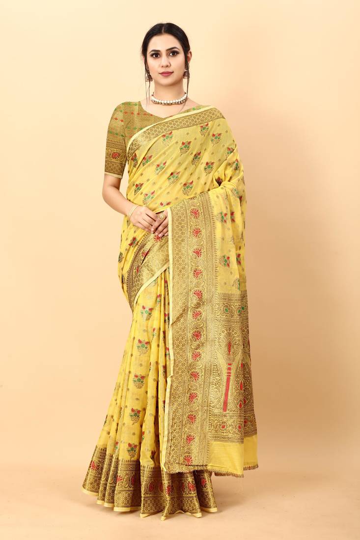Yellow elegant art silk woven saree with rich zari border