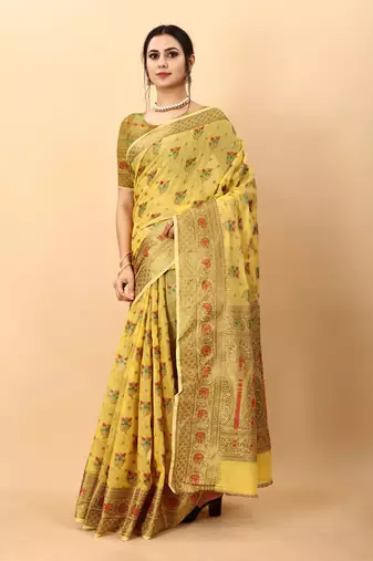Yellow elegant art silk woven saree with rich zari border