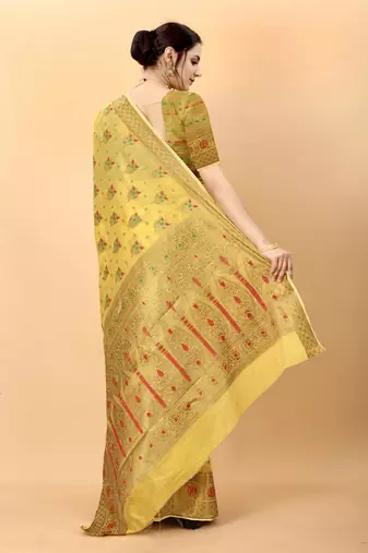 Yellow elegant art silk woven saree with rich zari border