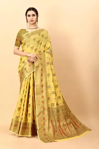 Yellow elegant art silk woven saree with rich zari border
