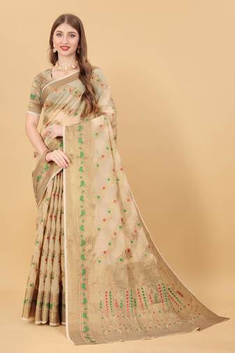 Cream elegant art silk woven saree with rich zari border