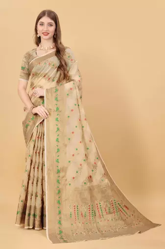 Cream elegant art silk woven saree with rich zari border