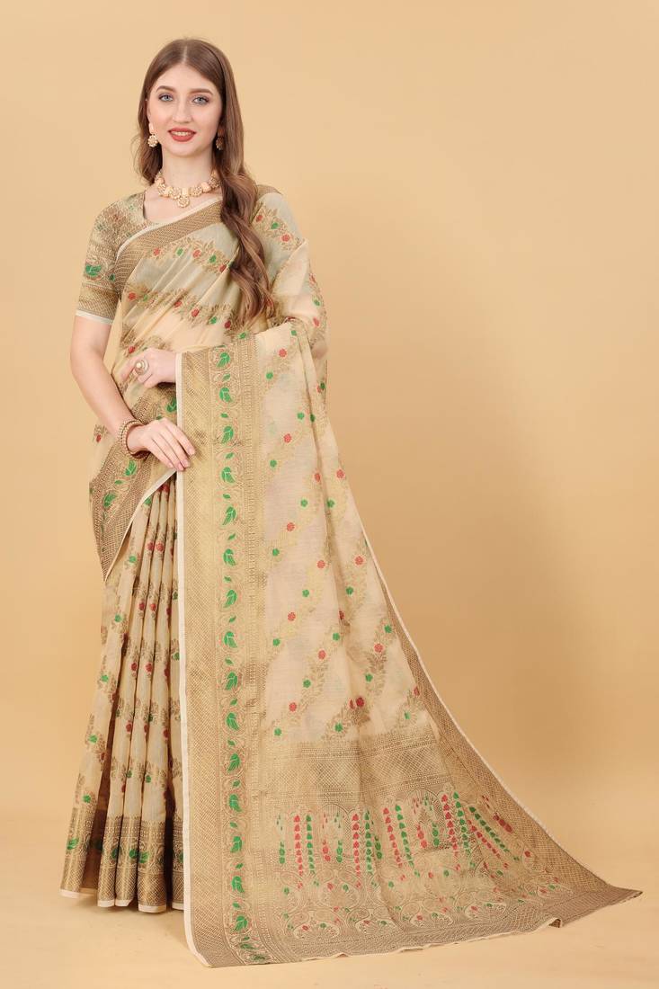 Cream elegant art silk woven saree with rich zari border