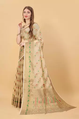 Cream elegant art silk woven saree with rich zari border
