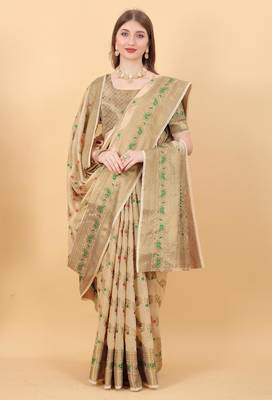 Cream elegant art silk woven saree with rich zari border 4