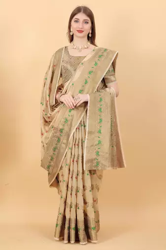 Cream elegant art silk woven saree with rich zari border